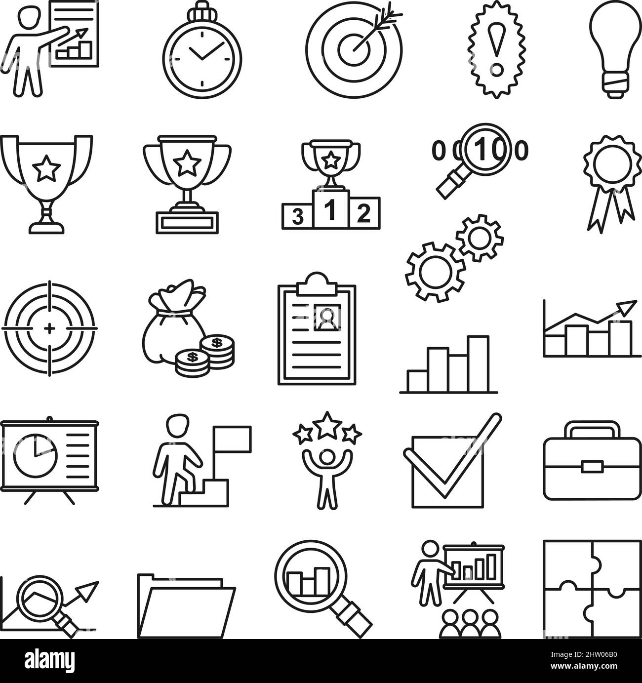 26 line art black and white business success icons. Search, review and