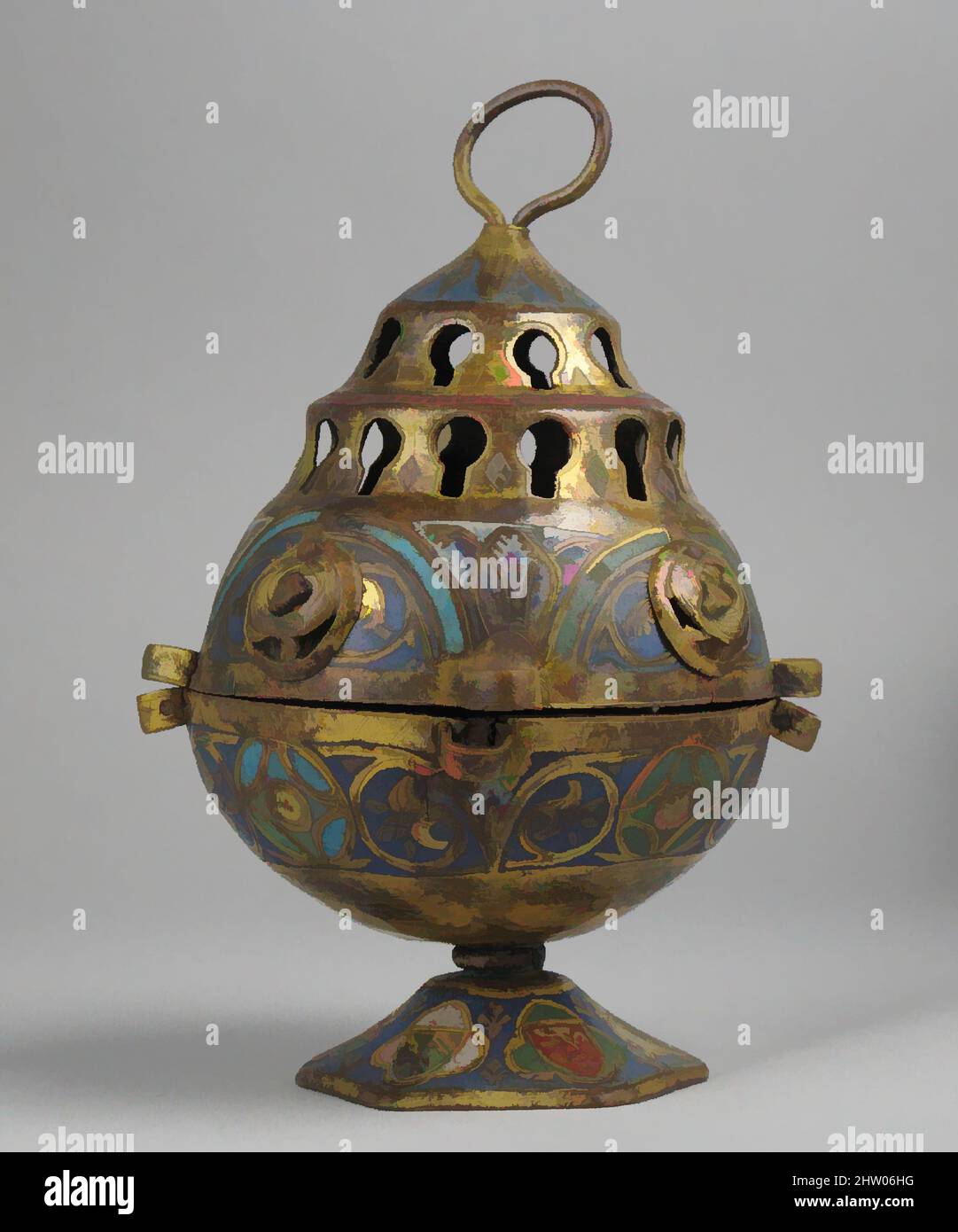 Art inspired by Censer, 13th century, Made in Limoges, France, French, Copper: pierced, engraved, and gilt; champlevé enamel: medium blue, green, yellow, red, and white., 7 1/2 x 5 1/8 in (19 x 13 cm), Enamels-Champlevé, Classic works modernized by Artotop with a splash of modernity. Shapes, color and value, eye-catching visual impact on art. Emotions through freedom of artworks in a contemporary way. A timeless message pursuing a wildly creative new direction. Artists turning to the digital medium and creating the Artotop NFT Stock Photo