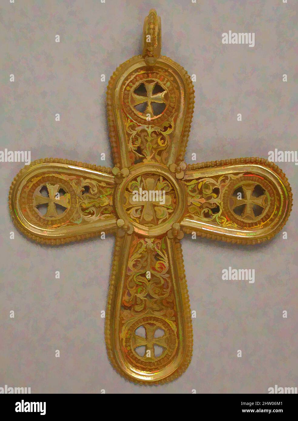 Art inspired by Gold Cross Pendant, 500–700, Byzantine, Gold, Overall: 3 9/16 x 2 11/16 x 1/2in. (9 x 6.8 x 1.2cm), Metalwork-Gold, A wealthy person or a member of the clergy may have worn this elegant cross, the largest known to have been worked in opus interrasile. As Christianity, Classic works modernized by Artotop with a splash of modernity. Shapes, color and value, eye-catching visual impact on art. Emotions through freedom of artworks in a contemporary way. A timeless message pursuing a wildly creative new direction. Artists turning to the digital medium and creating the Artotop NFT Stock Photo