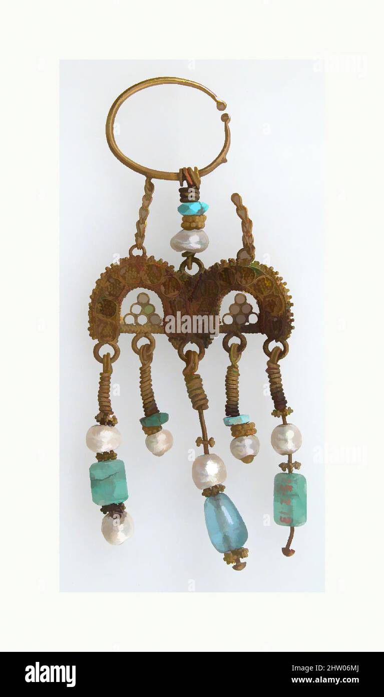 Art inspired by Earring, 2nd–3rd century, Made in Kharga Oasis, Byzantine Egypt, Coptic, Gold, semi-precious stones, Overall: 3 1/16 x 1 1/4 x 3/16 in. (7.7 x 3.2 x 0.5 cm), Metalwork-Gold, Classic works modernized by Artotop with a splash of modernity. Shapes, color and value, eye-catching visual impact on art. Emotions through freedom of artworks in a contemporary way. A timeless message pursuing a wildly creative new direction. Artists turning to the digital medium and creating the Artotop NFT Stock Photo