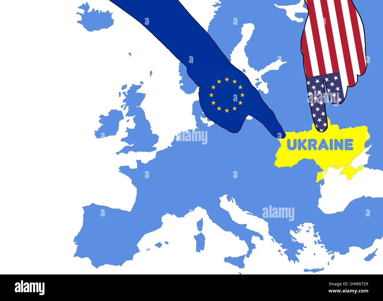 eu usa hand shape flags pointing on ukraine war politics concept Stock Photo