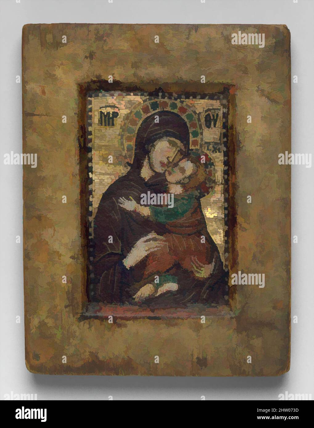 Art inspired by Portable Icon with the Virgin Eleousa, early 1300s, Made in probably Constantinople, Byzantine, Miniature mosaic set in wax on wood panel, with gold, multicolored stones, and gilded copper, Overall: 4 7/16 x 3 3/8 x 1/2 in. (11.2 x 8.6 x 1.3 cm), Mosaics, Images of the, Classic works modernized by Artotop with a splash of modernity. Shapes, color and value, eye-catching visual impact on art. Emotions through freedom of artworks in a contemporary way. A timeless message pursuing a wildly creative new direction. Artists turning to the digital medium and creating the Artotop NFT Stock Photo