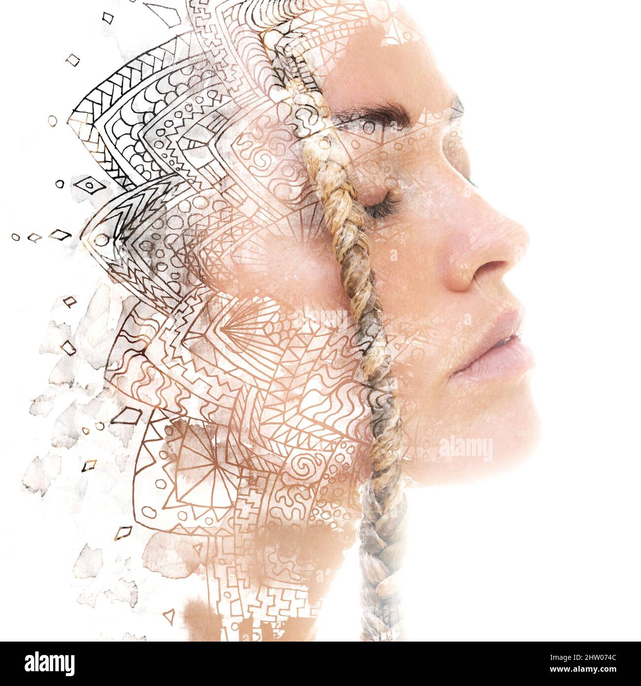 A portrait of a woman with closed eyes combined with a painting ...