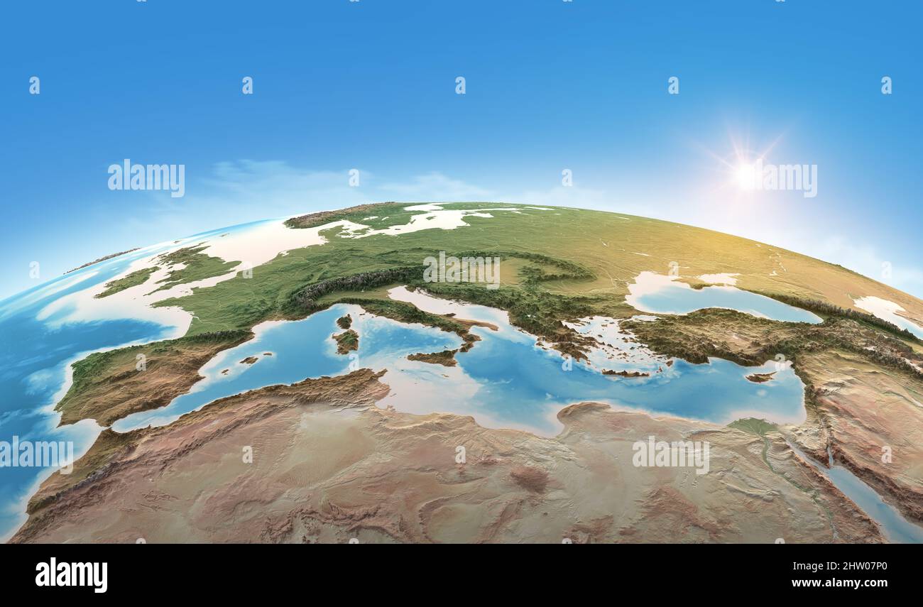 Physical map of Planet Earth, focused on Mediterranean Sea. Satellite view of Southern Europe and North Africa. Elements furnished by NASA Stock Photo