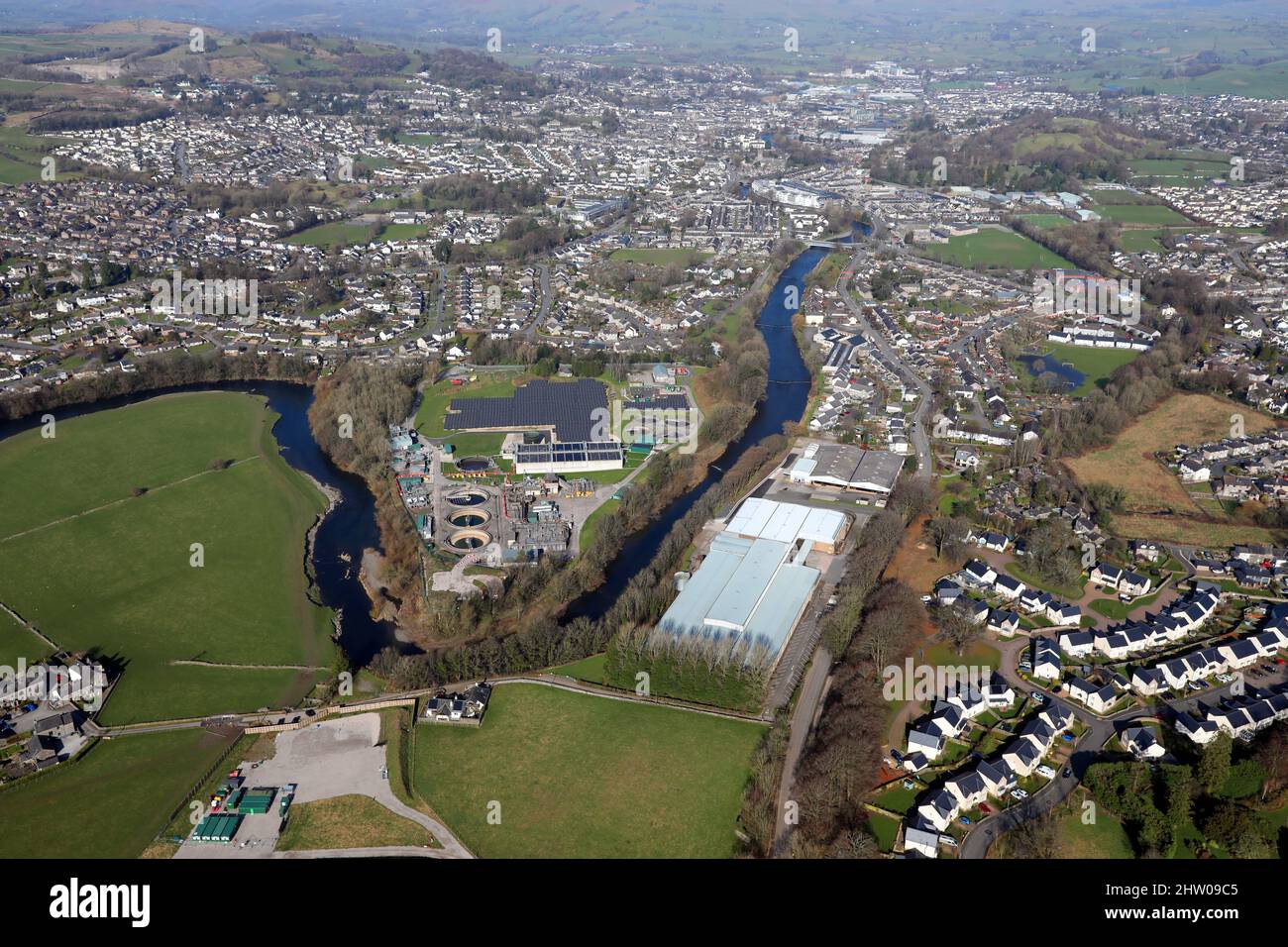 aerial view of Kendal, Cumbria featuring Clarks Warehouse (large factory in  foreground Stock Photo - Alamy