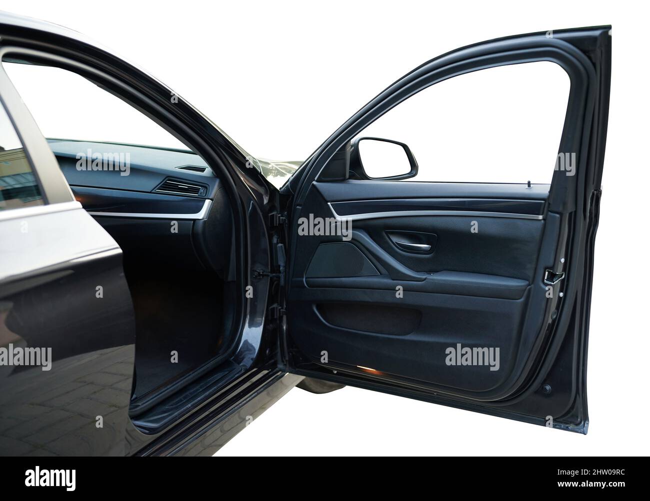 Open Passenger Car Door In Black Sedan With Leather Interior Stock 