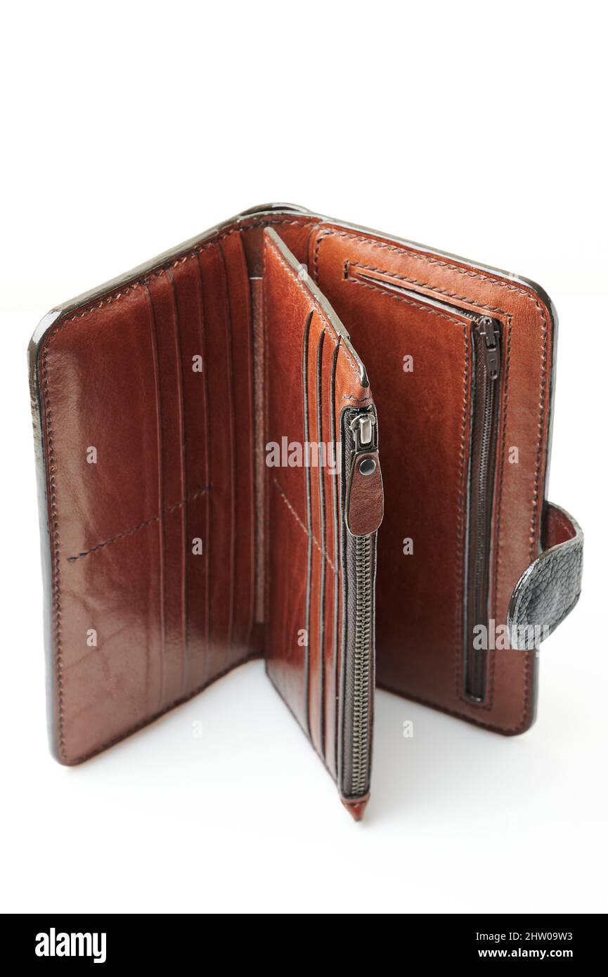 Empty leather wallet isolated on studio white background Stock Photo