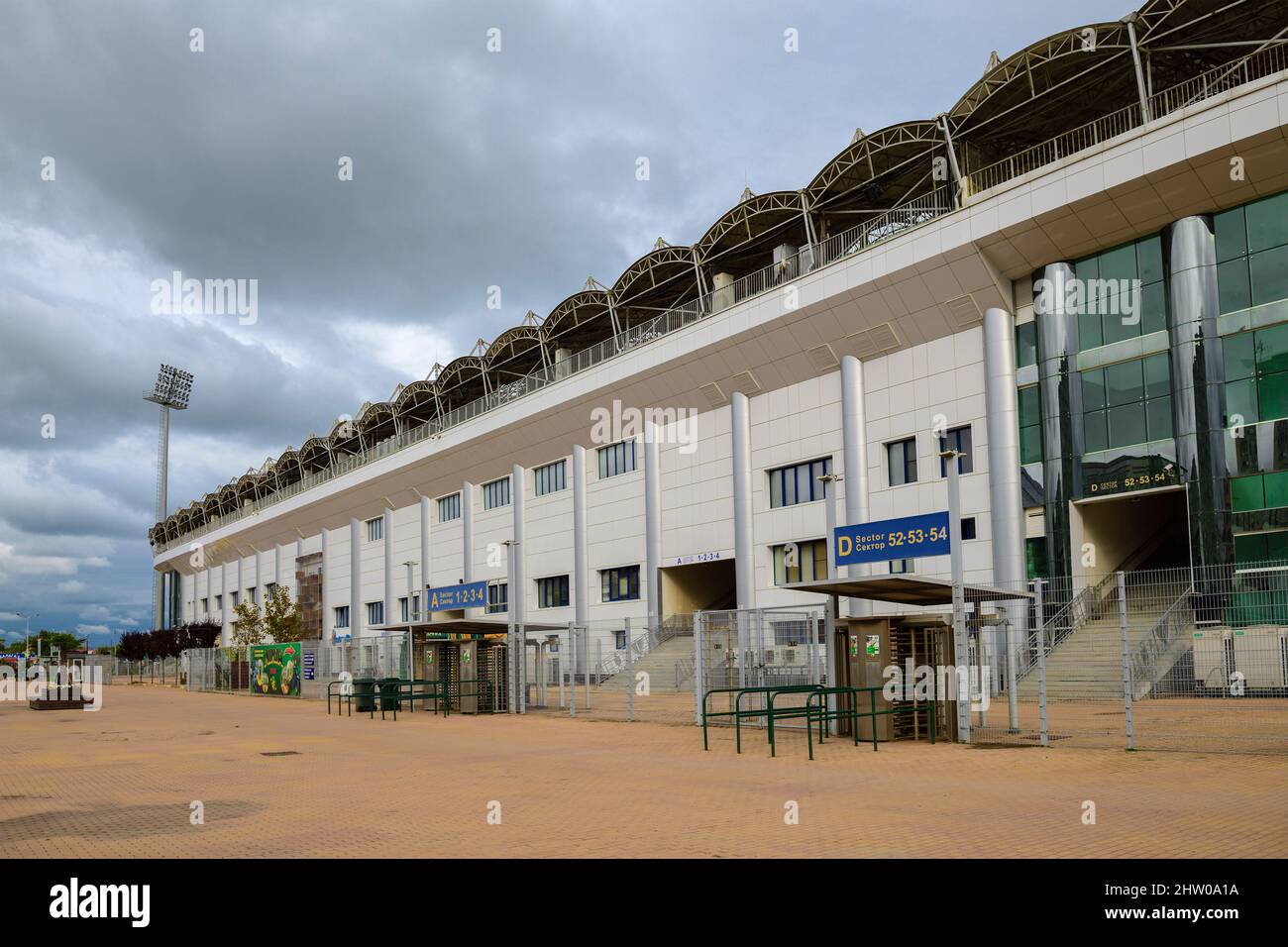 KASPIYSK, RUSSIA - SEPTEMBER 23, 2021: Cloudy September day at the Anji Arena sports complex Stock Photo