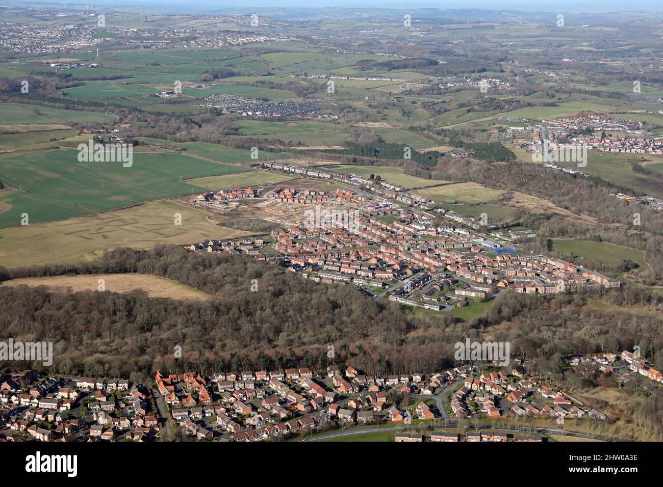 aerial view of new housing being built on former agricultural or green belt land at Pelton Fell near Chester-le-Street, County Durham Stock Photo