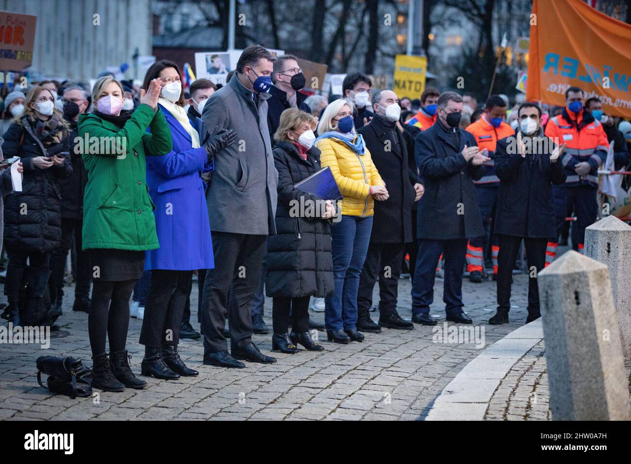Munich, Germany. 02nd Mar, 2022. L-R: Katahrina Schulze, Ilse Aigner, Stephan Mayer, Charlotte Knobloch, Melanie Huml, Hubert Aiwager, Christian Bernreiter, Klaus Holetschek. On March 2nd, 2022 45,000 people gathered at Koenigsplatz in Munich, Germany to protest against the Russian invasion in the Ukraine and to show their solidarity with the Ukranian people. The rally was organized by the SPD and all democratic parties joined it. (Photo by Alexander Pohl/Sipa USA) Credit: Sipa USA/Alamy Live News Stock Photo