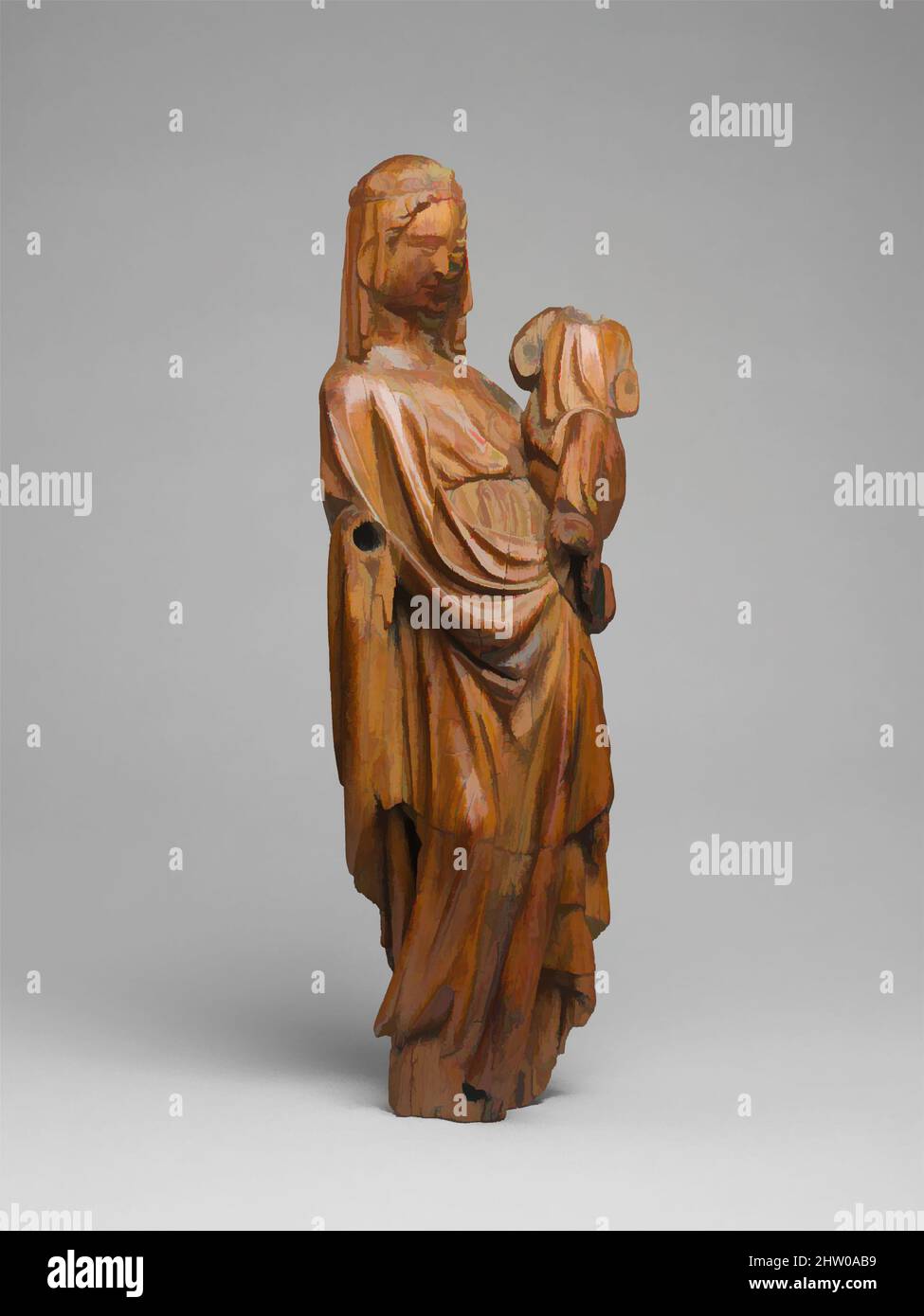 Art inspired by Virgin and Child, ca. 1300, North French, Boxwood, Overall: 14 5/16 x 5 1/4 x 3 1/4 in. (36.4 x 13.4 x 8.3 cm), Sculpture-Wood, Carved fully in the round, the statuette impresses by the delicacy of its execution and its monumental character. The sculptor introduced, Classic works modernized by Artotop with a splash of modernity. Shapes, color and value, eye-catching visual impact on art. Emotions through freedom of artworks in a contemporary way. A timeless message pursuing a wildly creative new direction. Artists turning to the digital medium and creating the Artotop NFT Stock Photo