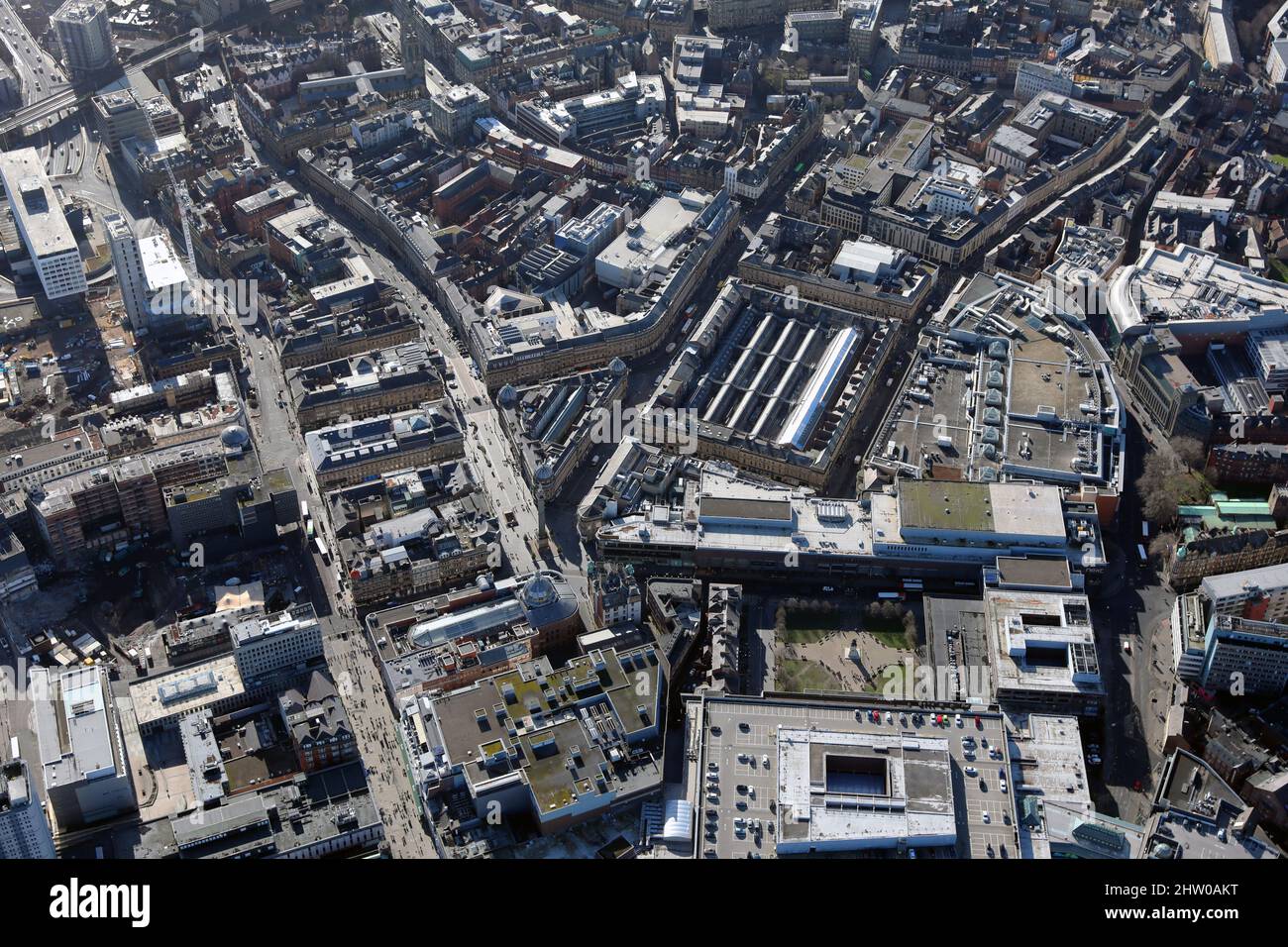 aerial view of Newcastle-upon-Tyne city centre from the North looking down Grainger Street, Tyne & Wear, UK Stock Photo