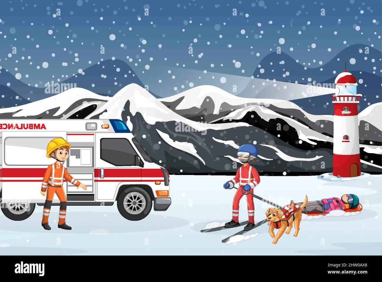 Snow scene with firerman rescue in cartoon style illustration Stock Vector