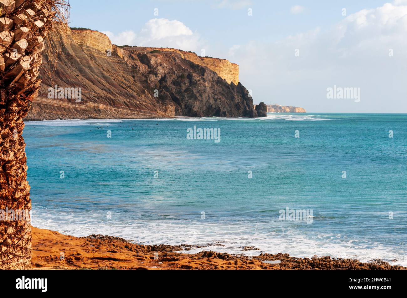 Beach and coastline at Praia de Luz resort, Algarve, Portugal Stock Photo