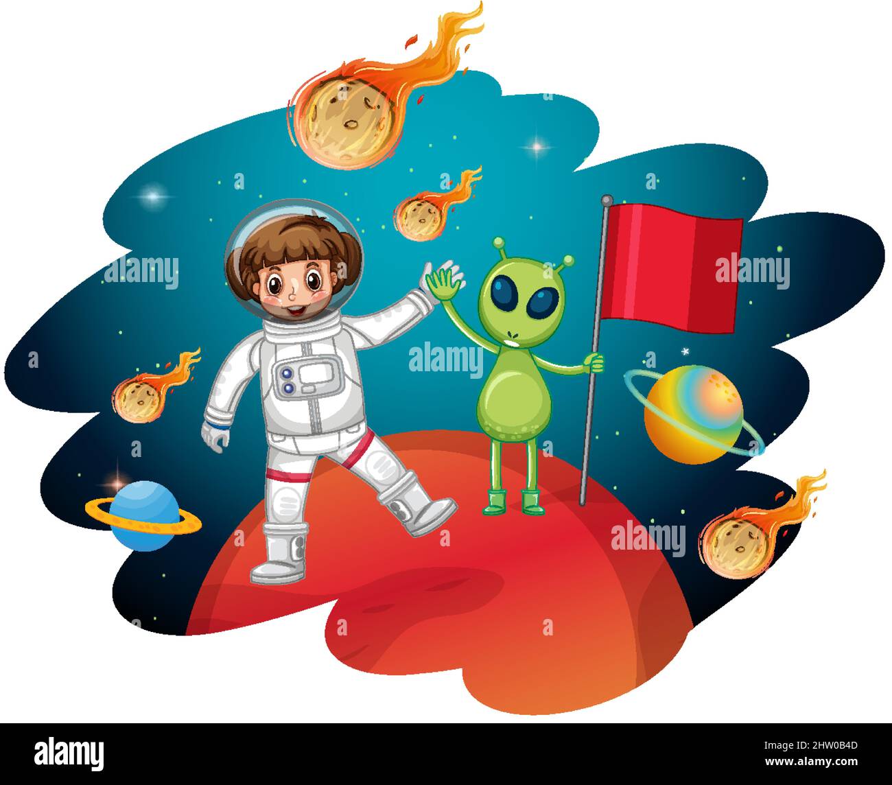 An astronaut with alien standing on planet illustration Stock Vector ...