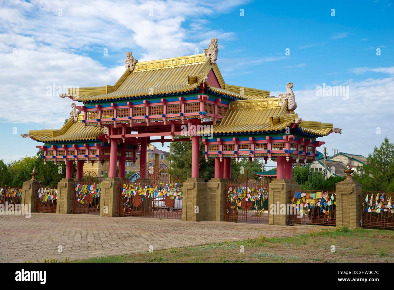 ELISTA, RUSSIA - SEPTEMBER 21, 2021: Central Gate to the temple 'Golden Abode of Buddha Shakyamuni'. Elista, Russia Stock Photo