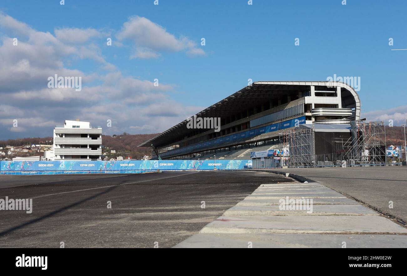 File photo dated 02-02-2014 of Rumble strips mark the track around the first corner with the start finish Grandstand in Sochi. Formula One has cancelled its contract with the Russian Grand Prix. The decision comes six days after this year’s race, due to take place in Sochi on September 25, was pulled from the calendar following the country’s invasion of Ukraine. Issue date: Thursday March 3, 2022. Stock Photo