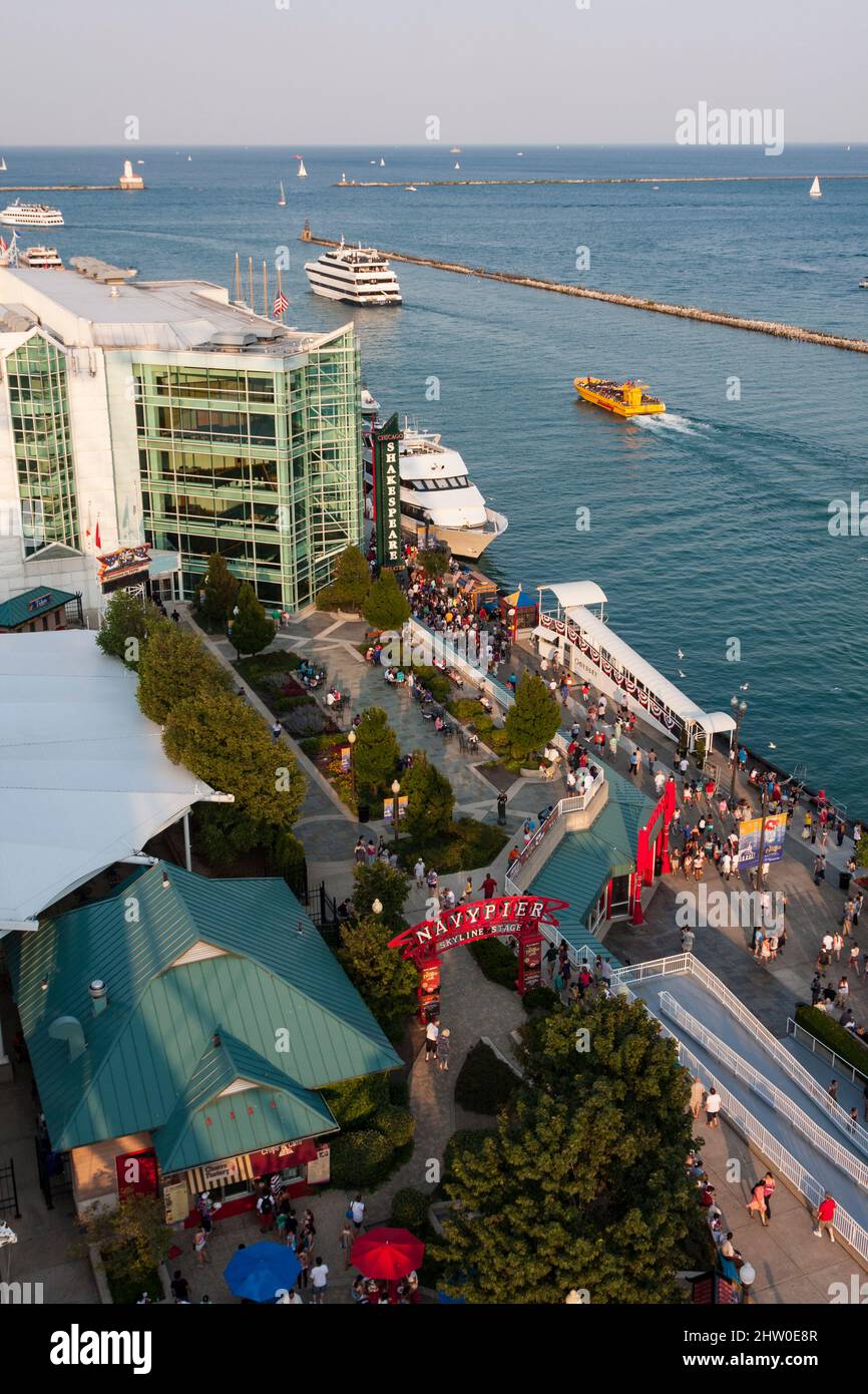 Chicago. View of Navy Pier from Ferris Wheel. Lake Michigan in background. Stock Photo