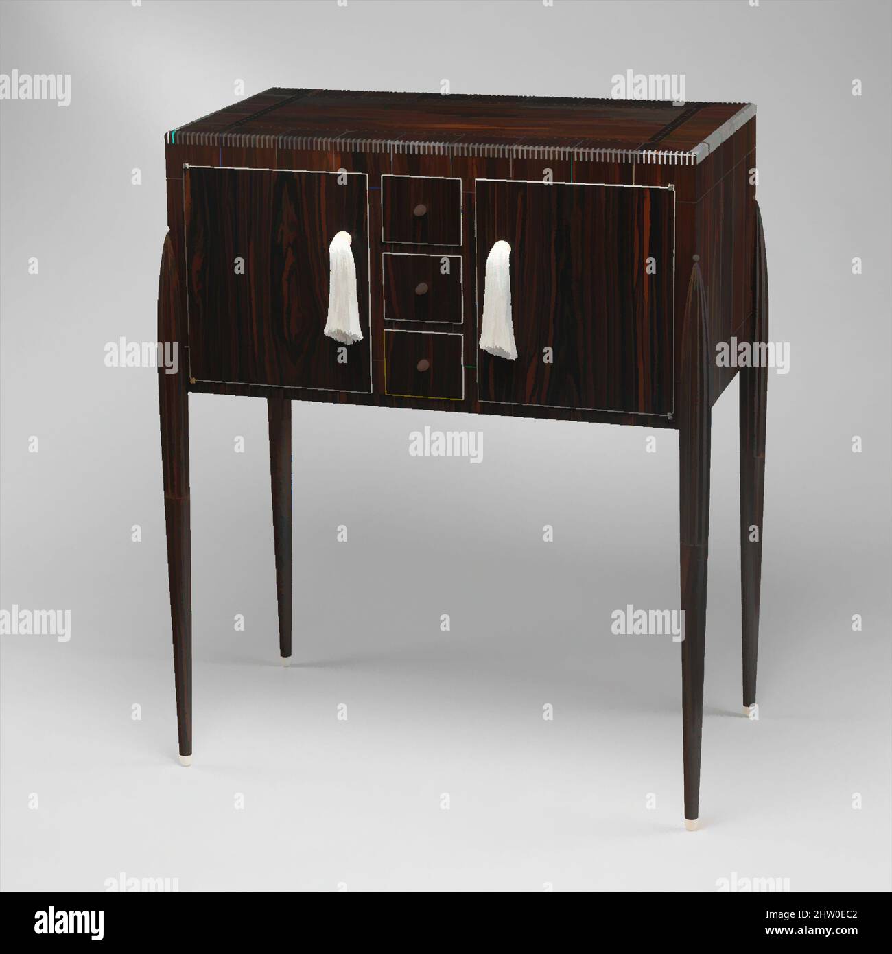 Art inspired by Fuseaux' Cabinet, ca. 1925, Macassar ebony, ivory, silk, silvered bronze, H. 39 1/2, W. 33 1/2, D. 19 1/4 in. (100.3 x 85.1 x 48.9 cm), Furniture, The formal simplicity of this cabinet provides a backdrop for an extraordinarily complex and subtle marquetry pattern. The, Classic works modernized by Artotop with a splash of modernity. Shapes, color and value, eye-catching visual impact on art. Emotions through freedom of artworks in a contemporary way. A timeless message pursuing a wildly creative new direction. Artists turning to the digital medium and creating the Artotop NFT Stock Photo