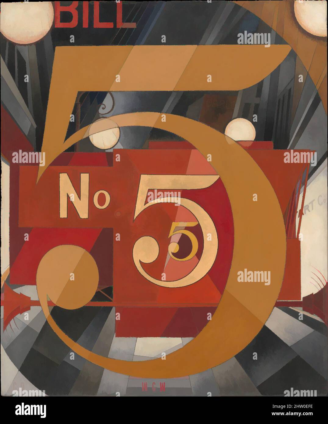 Art inspired by I Saw the Figure 5 in Gold, 1928, Oil, graphite, ink, and gold leaf on paperboard (Upson board), 35 1/2 x 30 in. (90.2 x 76.2 cm), Paintings, Charles Demuth (American, Lancaster, Pennsylvania 1883–1935 Lancaster, Pennsylvania), Demuth completed eight abstract portraits, Classic works modernized by Artotop with a splash of modernity. Shapes, color and value, eye-catching visual impact on art. Emotions through freedom of artworks in a contemporary way. A timeless message pursuing a wildly creative new direction. Artists turning to the digital medium and creating the Artotop NFT Stock Photo