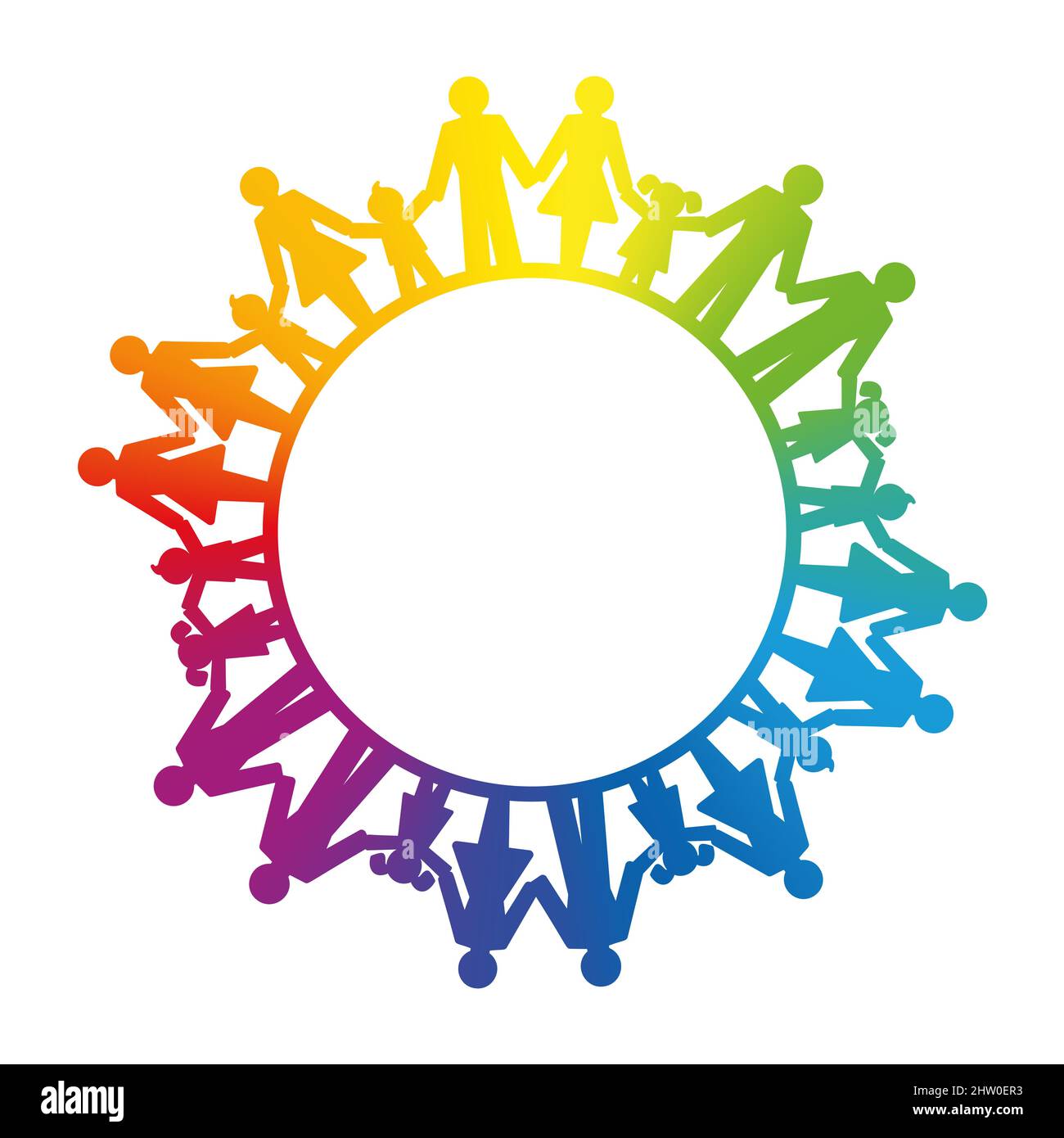 Group of people, connected by holding hands, forming a rainbow colored circle. Symbol of solidarity of people, expressing a peaceful society. Stock Photo