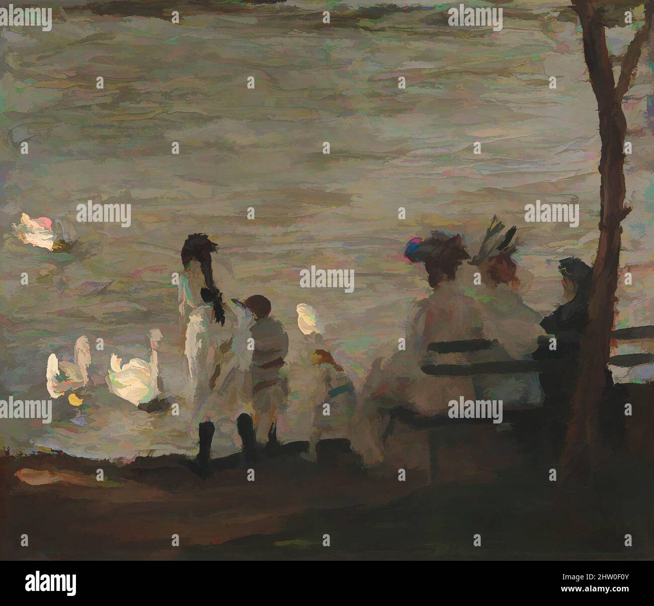 Art inspired by Swans in Central Park, 1906, Oil on canvas, 18 3/8 x 21 3/8 in. (46.7 x 54.3 cm), Paintings, George Bellows (American, Columbus, Ohio 1882–1925 New York), Having given up his studies at Ohio State University after three years, Bellows arrived in New York in 1904. Under, Classic works modernized by Artotop with a splash of modernity. Shapes, color and value, eye-catching visual impact on art. Emotions through freedom of artworks in a contemporary way. A timeless message pursuing a wildly creative new direction. Artists turning to the digital medium and creating the Artotop NFT Stock Photo