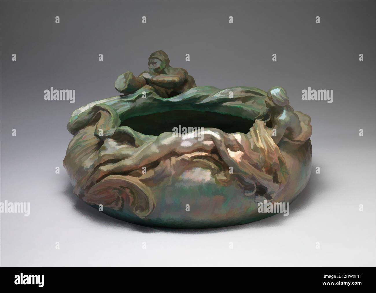 Art inspired by Sculptural bowl, 1900, Stoneware, 10 7/8 × 21 3/4 in. (27.6 × 55.2 cm), Ceramics-Pottery, James Vibert (Swiss, 1872–1917), Massier specialized in pottery with a metallic iridescent glaze inspired by medieval Spanish lusterware. This bowl is the product of his, Classic works modernized by Artotop with a splash of modernity. Shapes, color and value, eye-catching visual impact on art. Emotions through freedom of artworks in a contemporary way. A timeless message pursuing a wildly creative new direction. Artists turning to the digital medium and creating the Artotop NFT Stock Photo