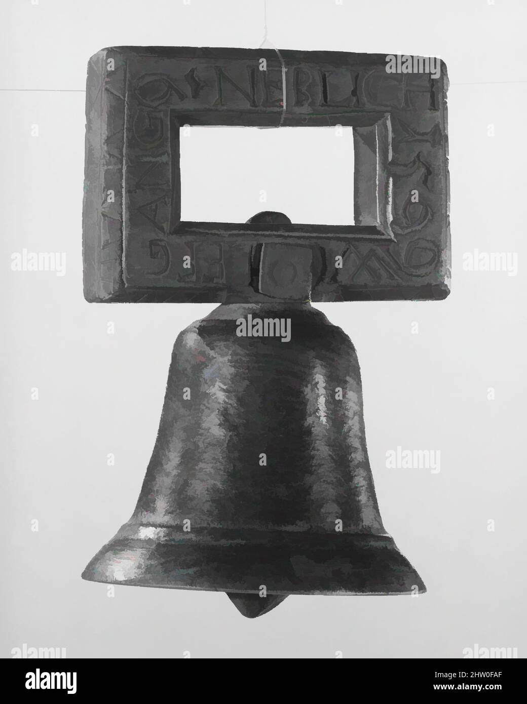 Art inspired by Bell, 1599, Germany, German, Bronze, wood, Height: 5 1/2 in. (14 cm), Idiophone-Struck-bell-without clapper, This bell has a curious square wooden handle. Printed on one side: Wolffgang Neblich 1599, Classic works modernized by Artotop with a splash of modernity. Shapes, color and value, eye-catching visual impact on art. Emotions through freedom of artworks in a contemporary way. A timeless message pursuing a wildly creative new direction. Artists turning to the digital medium and creating the Artotop NFT Stock Photo