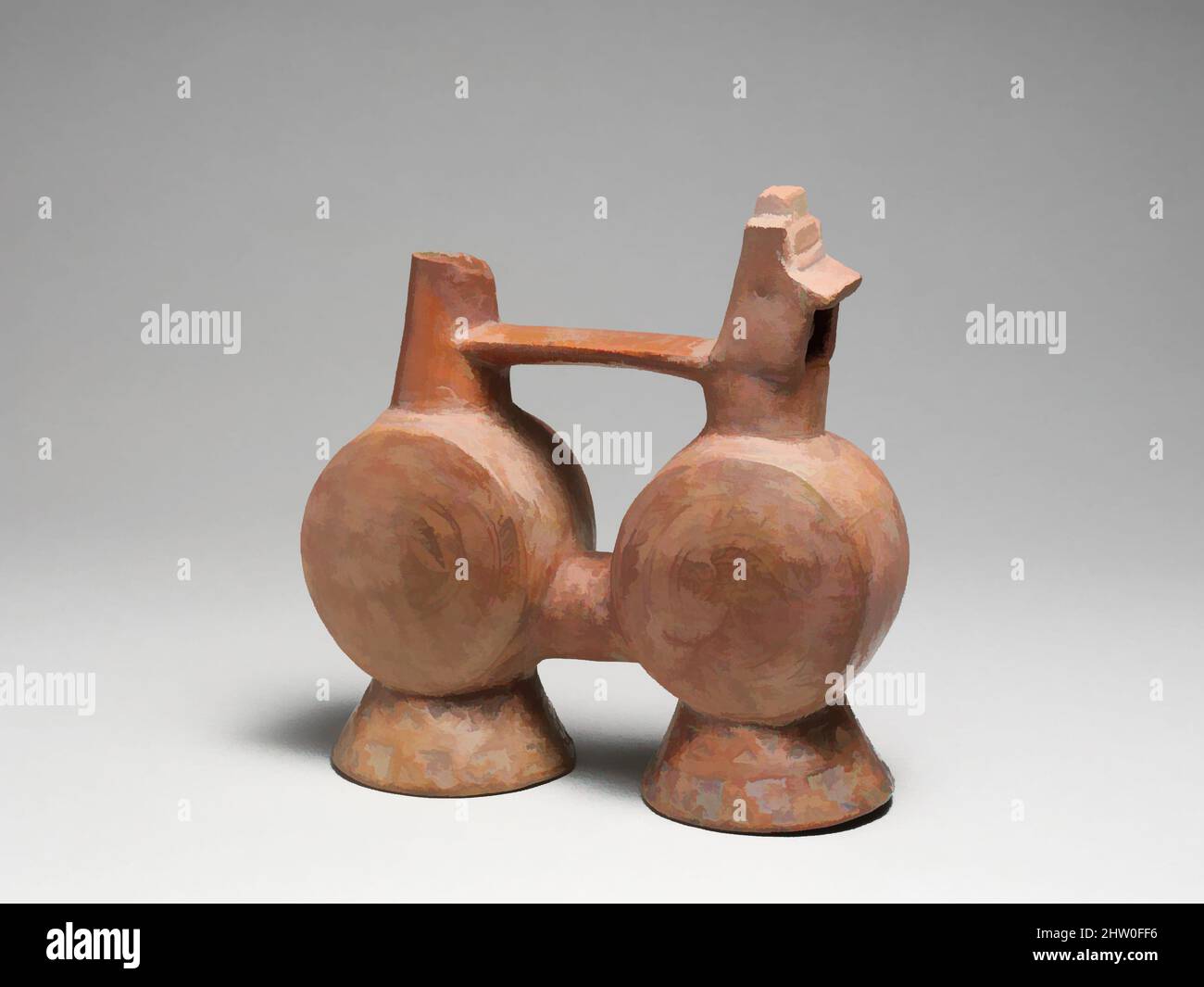 Art inspired by Whistling Jar, Pre-Columbian, 200 B.C.–1000 A.D., North Coast, Peru, Peruvian, Clay, L. 15.7 cm.; H. 16.1 cm.; W. 6.8 cm.; Wt. 391 g., Aerophone-Blow Hole-vessel flute, Classic works modernized by Artotop with a splash of modernity. Shapes, color and value, eye-catching visual impact on art. Emotions through freedom of artworks in a contemporary way. A timeless message pursuing a wildly creative new direction. Artists turning to the digital medium and creating the Artotop NFT Stock Photo