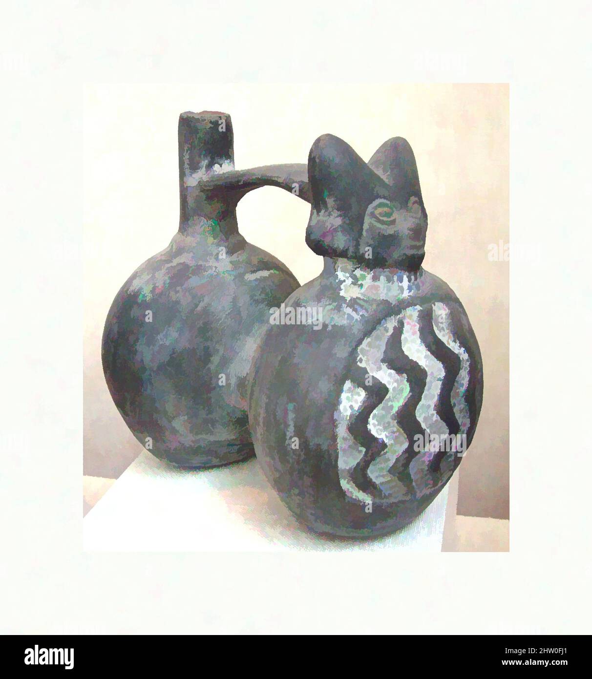 Art inspired by Whistling Jar, Pre-Columbian, ca. 1000–1476, Chepen or Lambayeque Valley, Peru, Peruvian, clay, L. 175 mm.; W. 106 mm.; H. 163 mm.;Wt. 563 g., Aerophone-Blow Hole-vessel flute, Whistling jar with head wearing a headdress. Although numerous pottery instruments survive, Classic works modernized by Artotop with a splash of modernity. Shapes, color and value, eye-catching visual impact on art. Emotions through freedom of artworks in a contemporary way. A timeless message pursuing a wildly creative new direction. Artists turning to the digital medium and creating the Artotop NFT Stock Photo