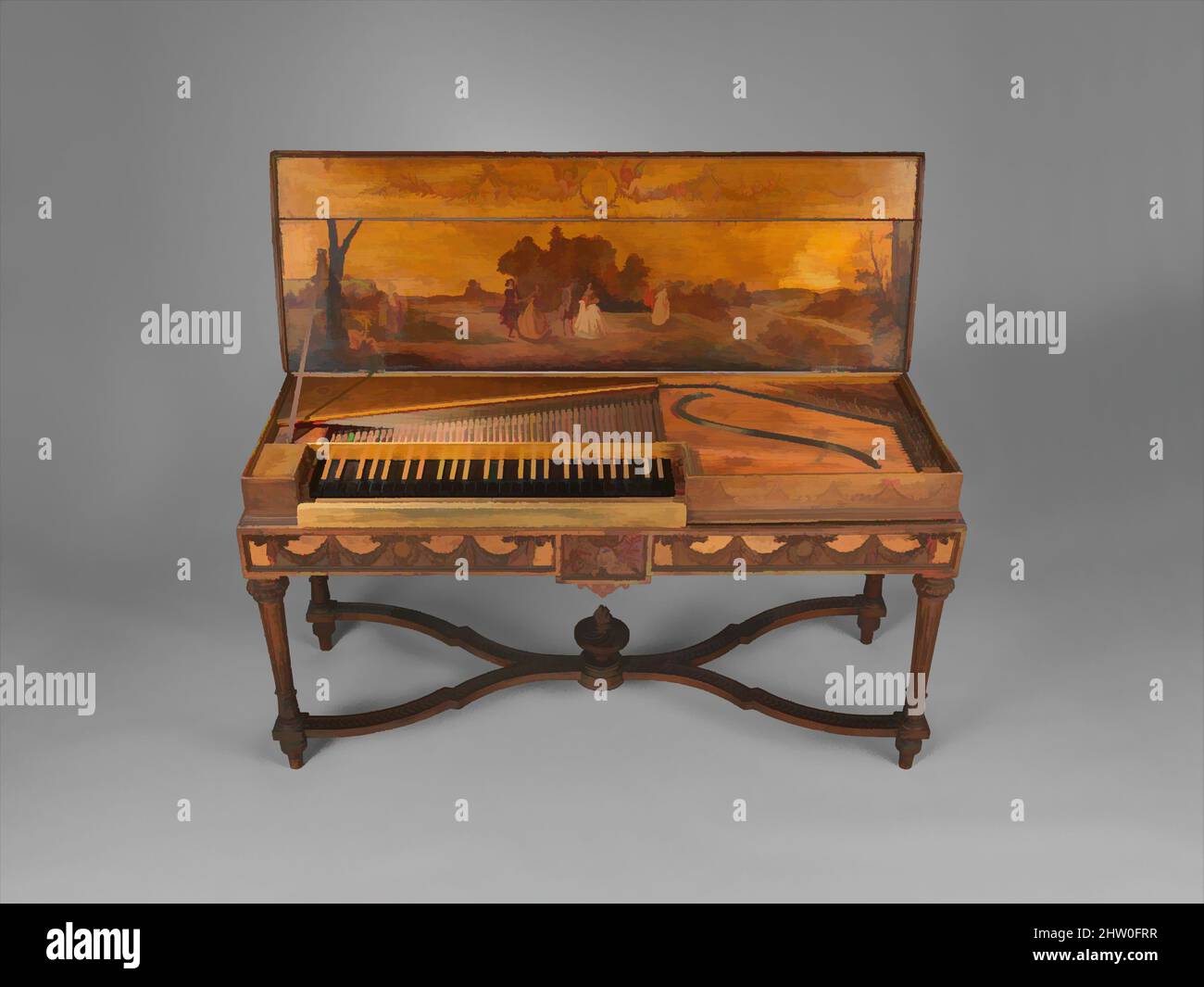 Art inspired by Clavichord, 1763, Neuwied, Germany, German, Wood, ebony, bone, walnut, paint, metal, Height (of case, without lid): 4 in. (10.1 cm), Chordophone-Zither-struck-clavichord, Attributed to Christian Kintzing (German, Neuwied 1707–1804 Neuwied), Clavichords were built as far, Classic works modernized by Artotop with a splash of modernity. Shapes, color and value, eye-catching visual impact on art. Emotions through freedom of artworks in a contemporary way. A timeless message pursuing a wildly creative new direction. Artists turning to the digital medium and creating the Artotop NFT Stock Photo