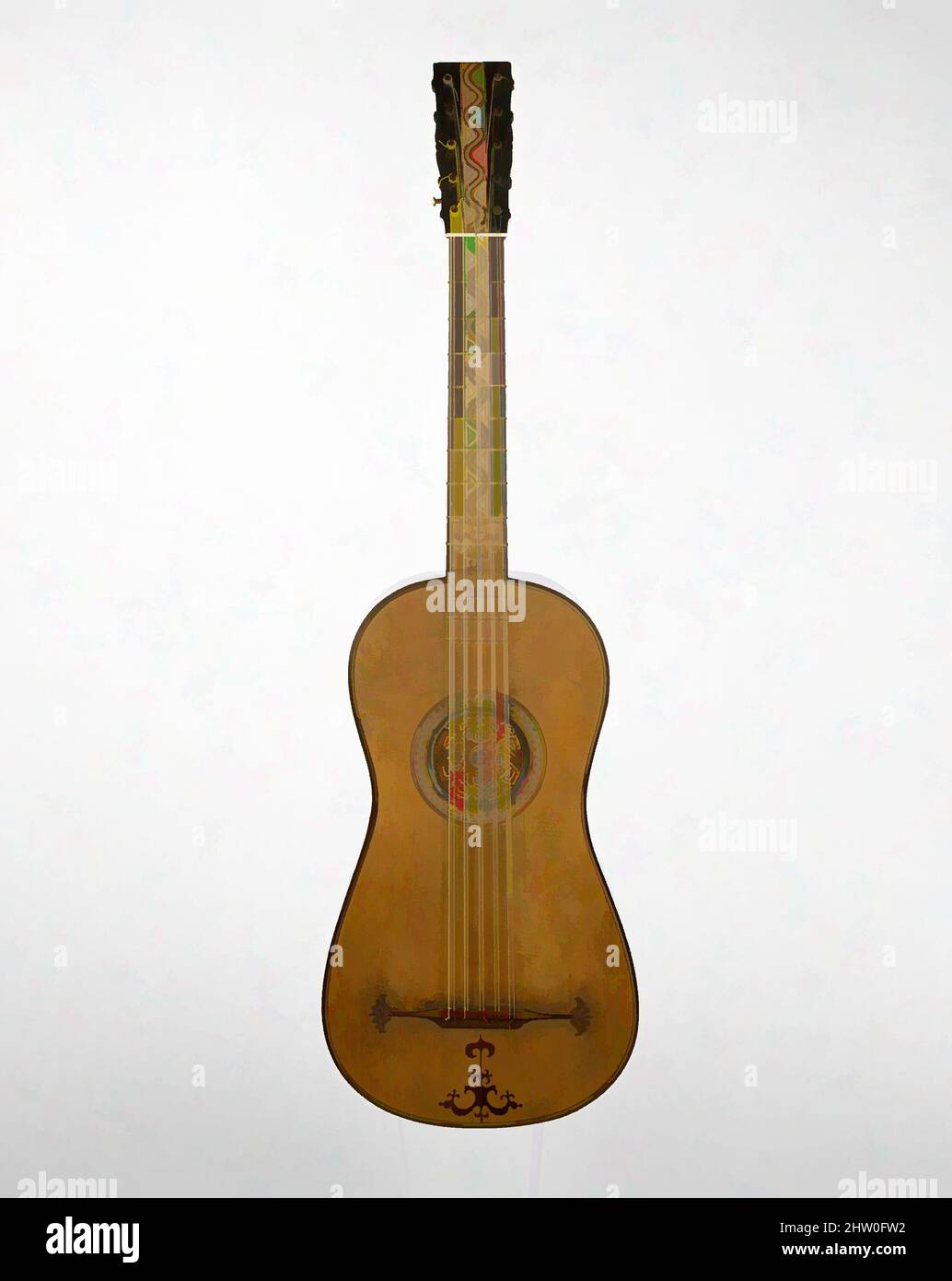 Art inspired by Guitar, ca. 1755–60, Barcelona, Spain, Spanish, Pine top, figured maple back and sides, rosewood binding, ivory nut, rosewood, mastic, and mother-of-pearl inlaid decoration, Chordophone-Lute-plucked-fretted, José Massague (Spanish, Barcelona 1690–1764 Barcelona), The, Classic works modernized by Artotop with a splash of modernity. Shapes, color and value, eye-catching visual impact on art. Emotions through freedom of artworks in a contemporary way. A timeless message pursuing a wildly creative new direction. Artists turning to the digital medium and creating the Artotop NFT Stock Photo