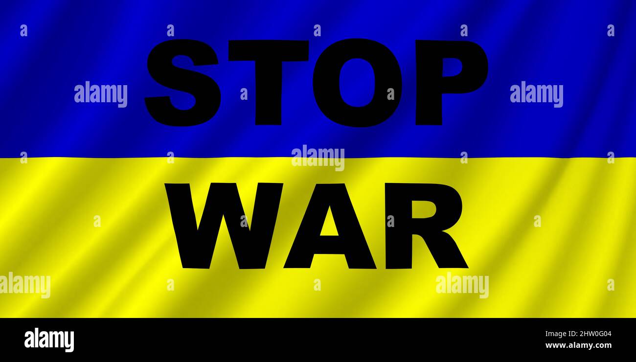 Ukraine. Illustration of the flag of Ukraine with ripples. Written text, Stop War. Horizontal design.. Illustration. Map. Stock Photo