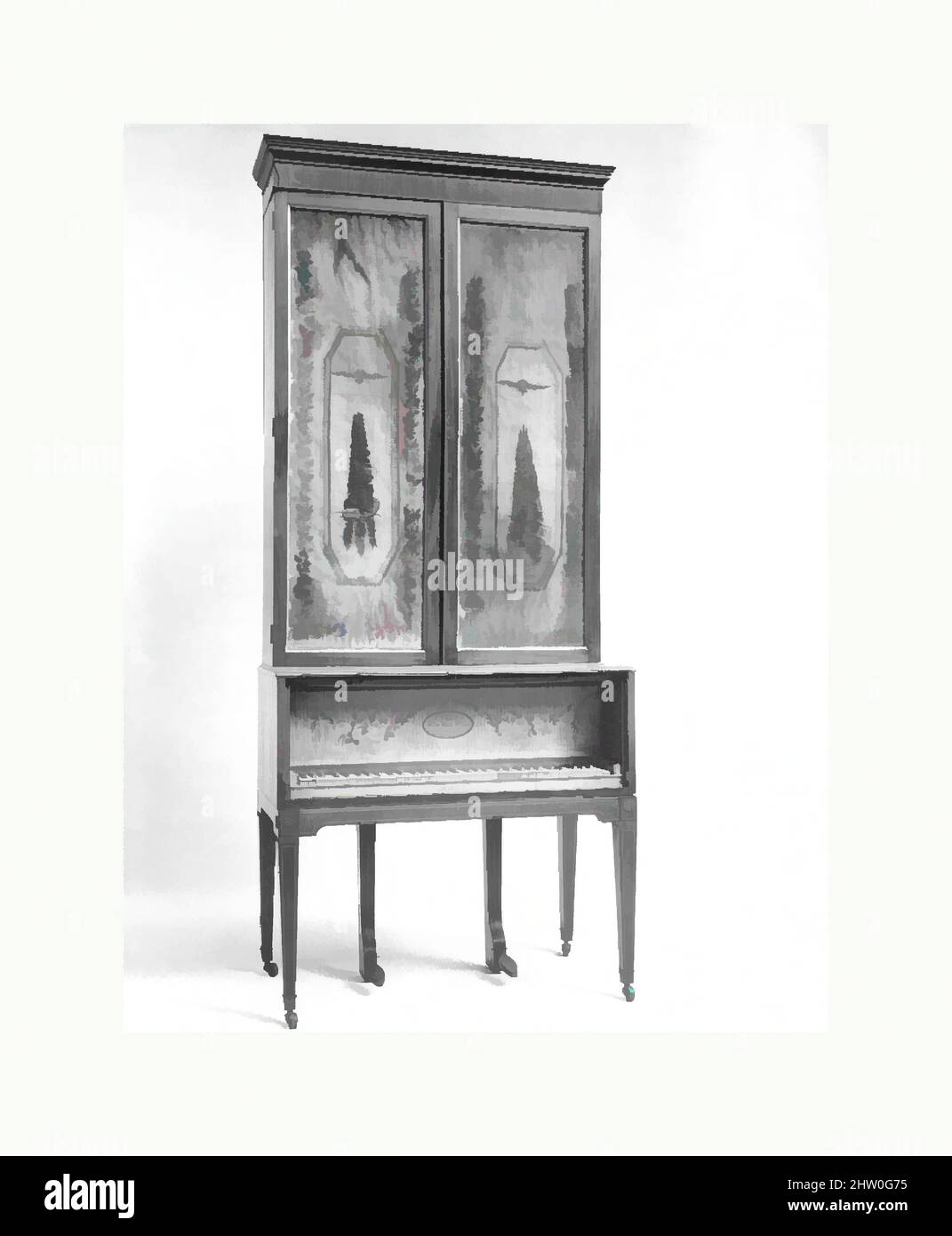 Art inspired by Upright (Cabinet) Piano, 1801, England, British, Wood, various, Overall: 257.5 x 110.8 x 56.5cm (101 3/8 x 43 5/8 x 22 1/4in.), Chordophone-Zither-struck-piano, M. & W. Stodart, Classic works modernized by Artotop with a splash of modernity. Shapes, color and value, eye-catching visual impact on art. Emotions through freedom of artworks in a contemporary way. A timeless message pursuing a wildly creative new direction. Artists turning to the digital medium and creating the Artotop NFT Stock Photo