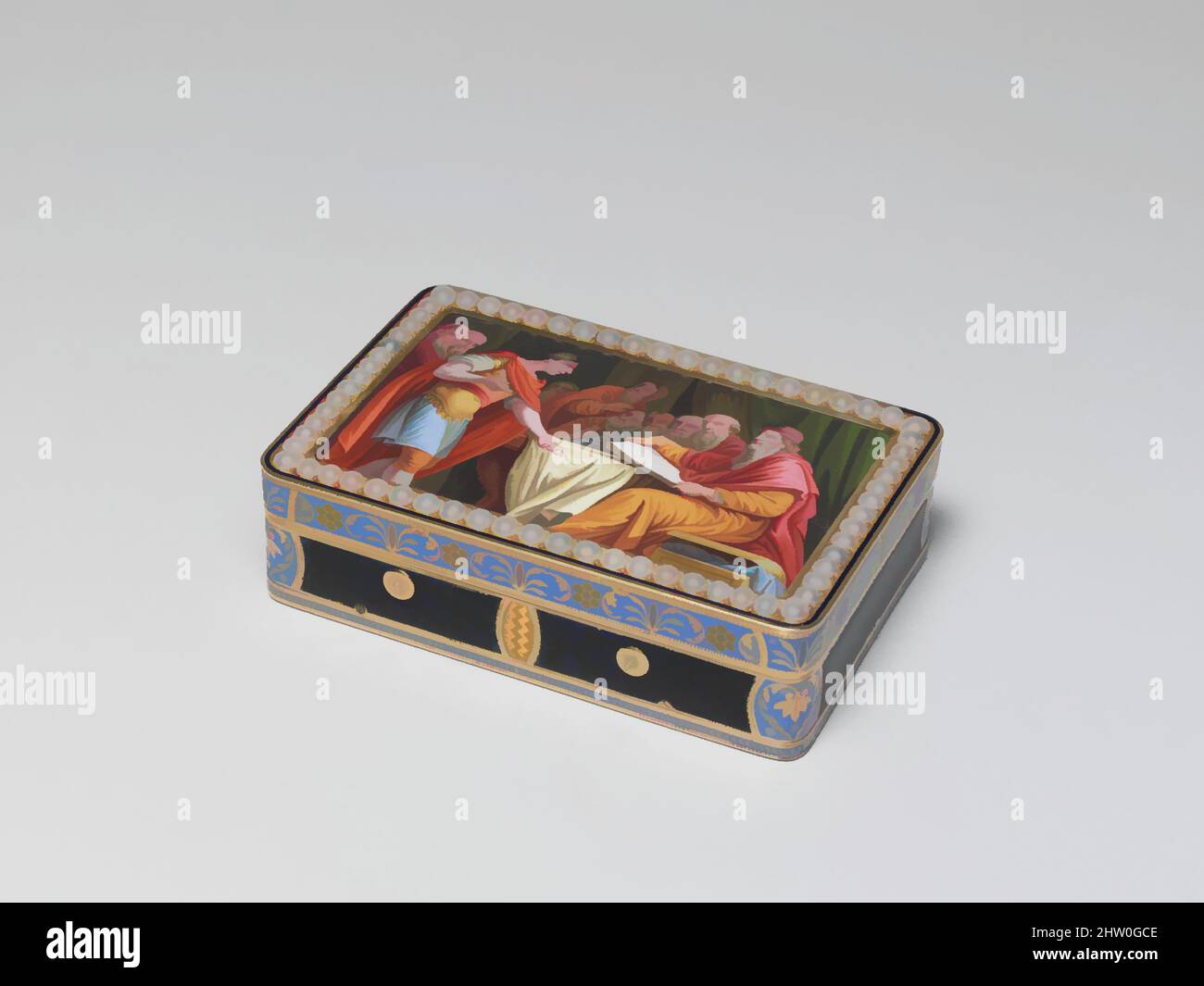 Art inspired by Music Box, ca. 1820, Switzerland, Swiss, Various materials, L. 8.3 cm (3 1/4 in.) x W. 5.7 cm (2 1/4 in.) x D. 2.2 cm (7/8 in.), Idiophone, Oblong gold and enamel music box. The borders enamelled blue and yellow, the cover bearing an enamelled classical miniature, Classic works modernized by Artotop with a splash of modernity. Shapes, color and value, eye-catching visual impact on art. Emotions through freedom of artworks in a contemporary way. A timeless message pursuing a wildly creative new direction. Artists turning to the digital medium and creating the Artotop NFT Stock Photo