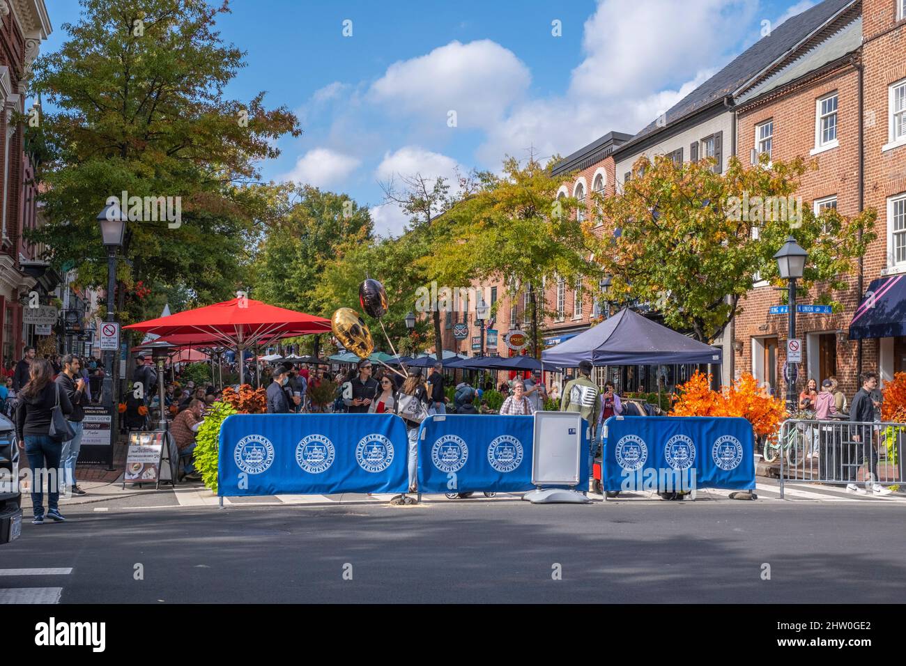 Alexandria, Virginia. King Street becomes Pedestrian Walkway during COVID Pandemic, to allow Curbside Dining. Stock Photo