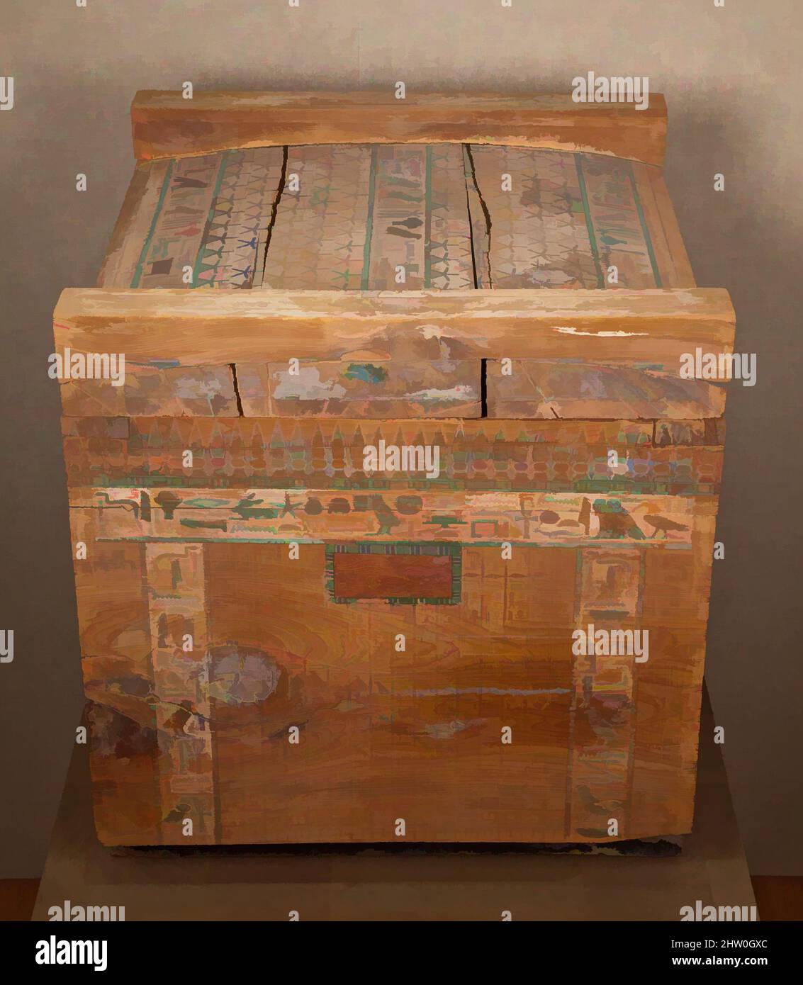 Art inspired by Canopic chest of Hapiankhtifi, Middle Kingdom, Dynasty 12, ca. 1981–1802 B.C., From Egypt, Middle Egypt, Meir, Tomb of Hapiankhtifi, Khashaba excavations, 1910–12, Wood (Juniperus sp.), paint, 20 7/8 in. (53 cm, Classic works modernized by Artotop with a splash of modernity. Shapes, color and value, eye-catching visual impact on art. Emotions through freedom of artworks in a contemporary way. A timeless message pursuing a wildly creative new direction. Artists turning to the digital medium and creating the Artotop NFT Stock Photo