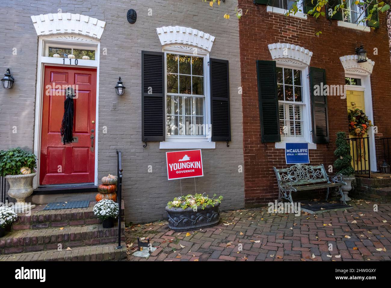 Old Town, Alexandria, Virginia. Halloween Decorations and Opposing Political Candidates' Election Posters. Stock Photo