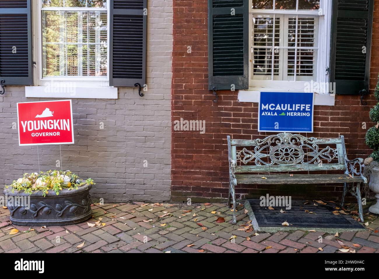 Old Town, Alexandria, Virginia. Neighbors with Opposing Political Campaign Posters. Stock Photo