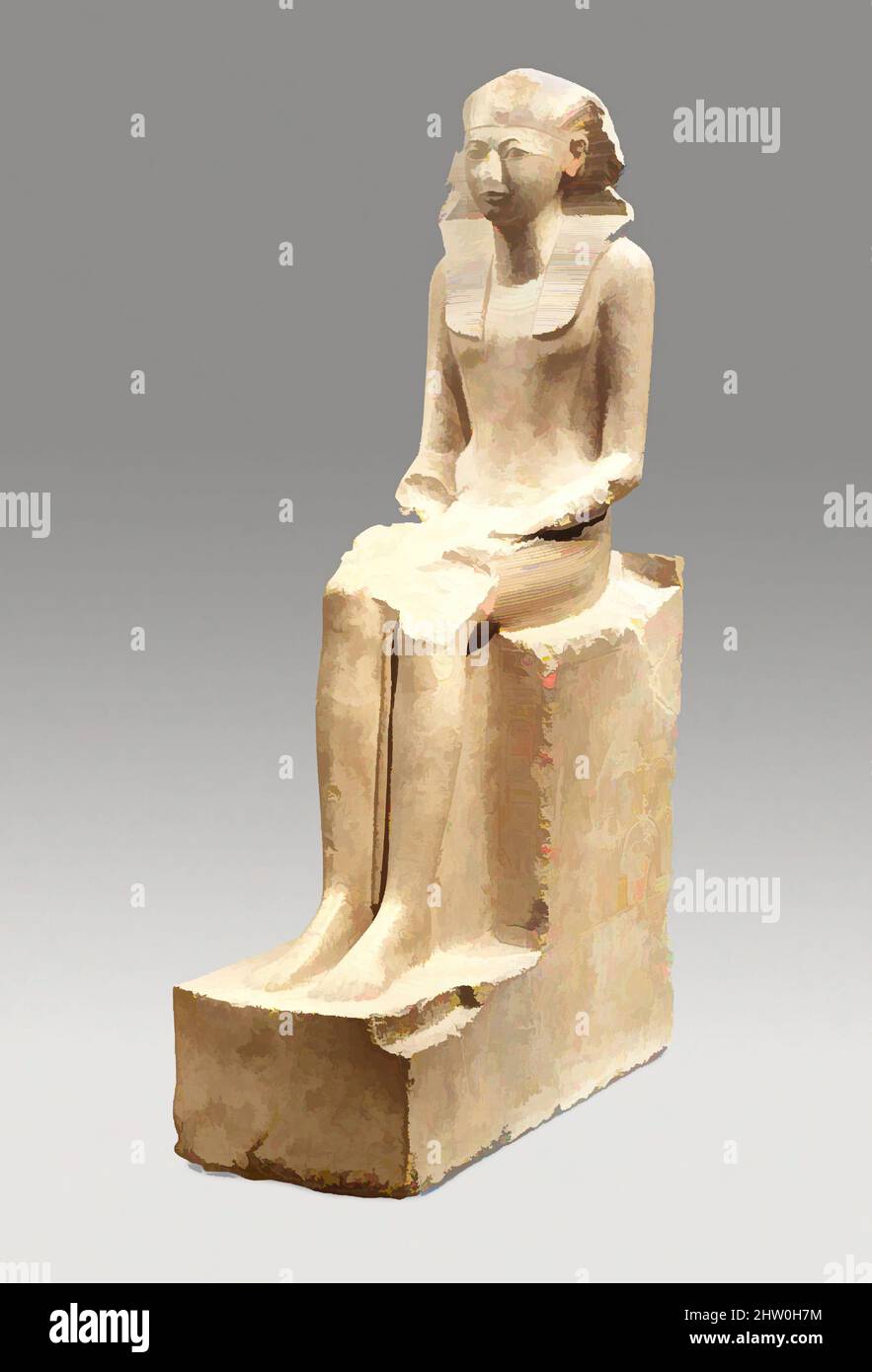 Art inspired by Seated Statue of Hatshepsut, New Kingdom, Dynasty 18, ca. 1479–1458 B.C., From Egypt, Upper Egypt, Thebes, Deir el-Bahri & el- Asasif, Senenmut Quarry, 1926–28/Lepsius 1843–45, Indurated limestone, paint, H. 195 cm (76 3/4 in.); W. 49 cm (19 5/16 in.); D. 114 cm (44 7/8, Classic works modernized by Artotop with a splash of modernity. Shapes, color and value, eye-catching visual impact on art. Emotions through freedom of artworks in a contemporary way. A timeless message pursuing a wildly creative new direction. Artists turning to the digital medium and creating the Artotop NFT Stock Photo