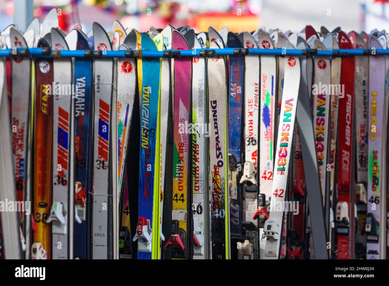 Ski equipment for rent at ski resort, Urumqi, Xinjiang, China Stock Photo