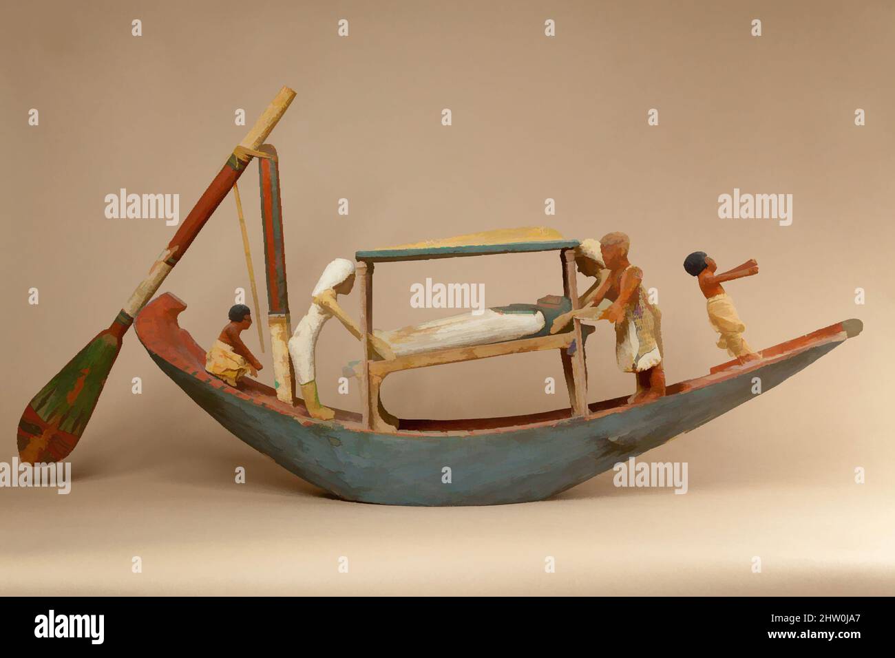 Art inspired by Model boat of Ukhhotep, Middle Kingdom, Dynasty 12, ca. 1981–1802 B.C., From Egypt, Middle Egypt, Khashaba excavations, 1910–11; Probably from Meir, Tomb of Ukhhotep, Wood, paint, l. 115 cm (45 1/4 in); w. 19 cm (7 1/2 in); h. 46.5 cm (18 5/16 in), One of two funerary, Classic works modernized by Artotop with a splash of modernity. Shapes, color and value, eye-catching visual impact on art. Emotions through freedom of artworks in a contemporary way. A timeless message pursuing a wildly creative new direction. Artists turning to the digital medium and creating the Artotop NFT Stock Photo