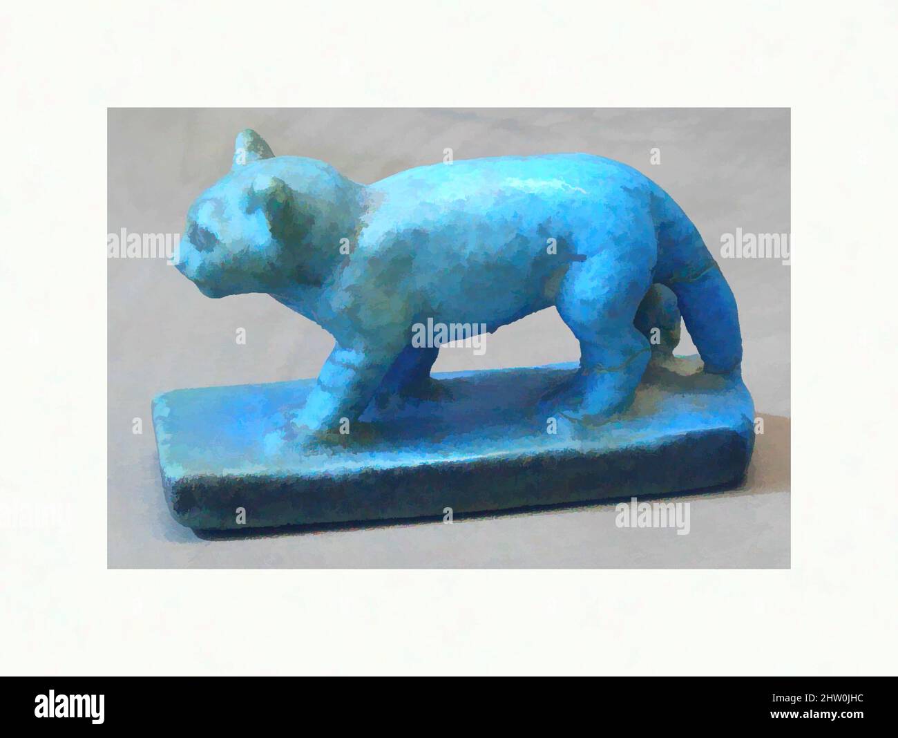 Art inspired by Cat figurine, Middle Kingdom, Dynasty 12, ca. 1981–1802 B.C., From Egypt; Possibly from Memphite Region, Heliopolis (Iunu; On), Blue faience with black spots, paint, L. 6.2 cm (2 7/16 in.); W. 2.3 cm (7/8 in.); H. 3.8 cm (1 1/2 in.), Already in the Early Dynastic Period, Classic works modernized by Artotop with a splash of modernity. Shapes, color and value, eye-catching visual impact on art. Emotions through freedom of artworks in a contemporary way. A timeless message pursuing a wildly creative new direction. Artists turning to the digital medium and creating the Artotop NFT Stock Photo
