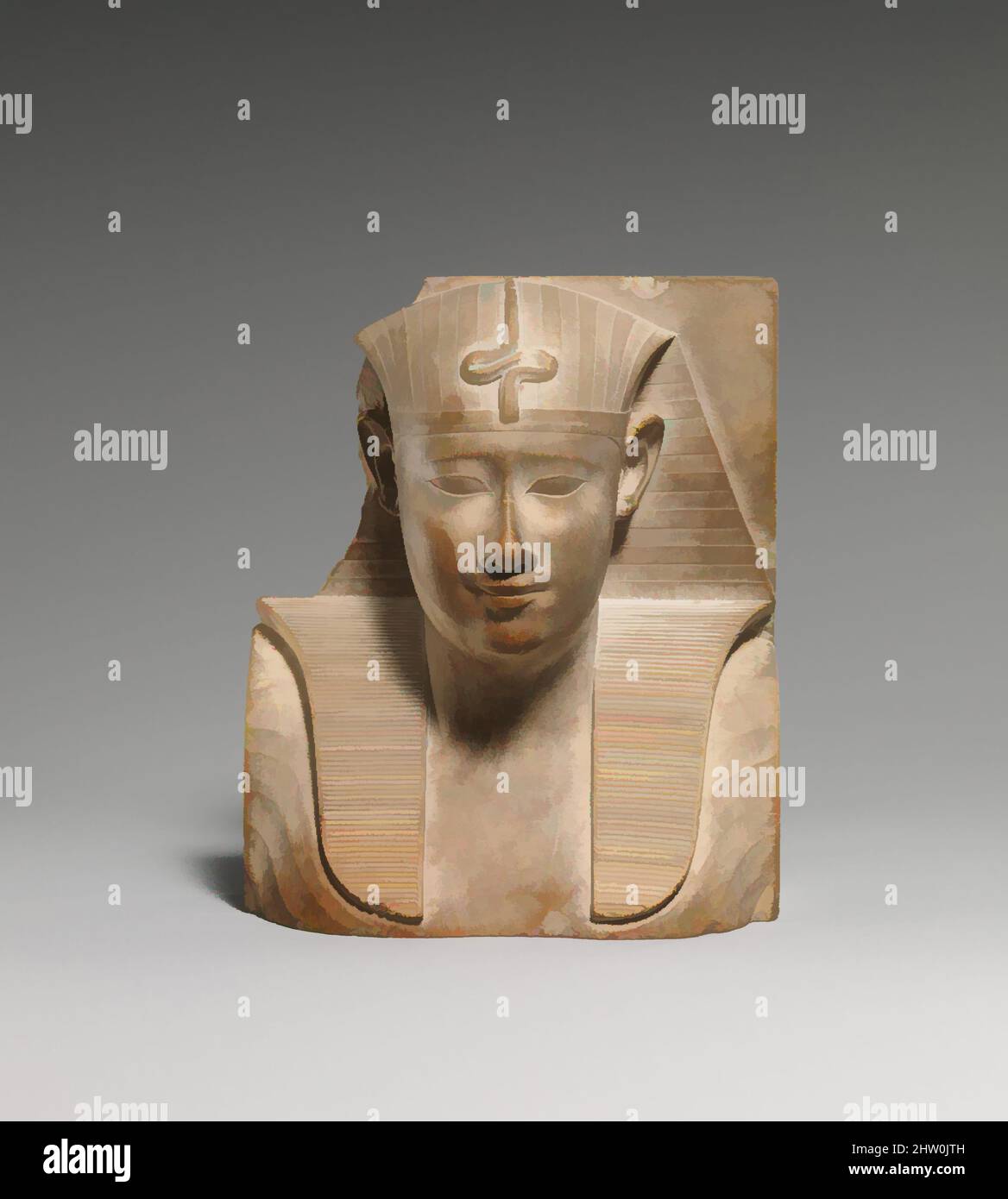 Art inspired by Royal bust with atypical snake, Late Period–Ptolemaic Period, Dynasty 30, 400–200 B.C., From Egypt, Alabaster (gypsum), H. 12 cm (4 3/4 in.); W. 10 cm (3 15/16 in.); D. 4.3 cm (1 11/16 in.), Small Late Period and Ptolemaic reliefs or sculptures that depict a subject in, Classic works modernized by Artotop with a splash of modernity. Shapes, color and value, eye-catching visual impact on art. Emotions through freedom of artworks in a contemporary way. A timeless message pursuing a wildly creative new direction. Artists turning to the digital medium and creating the Artotop NFT Stock Photo