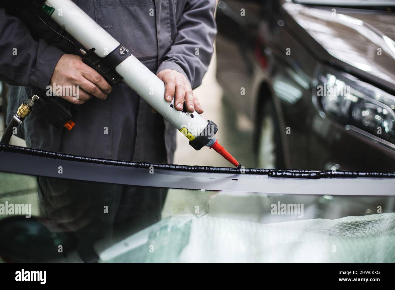 auto repairman sealing car windshield Stock Photo Alamy