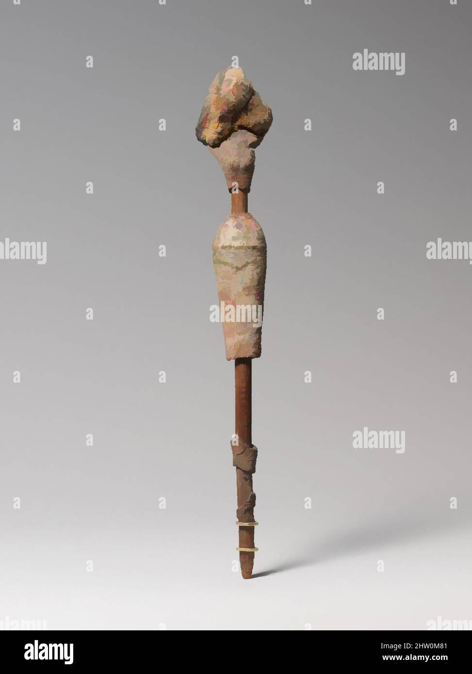 Art inspired by Female figurine on a reed, Predynastic, Naqada II, ca. 3650–3300 B.C., From Egypt, Wood, sandy mud/clay (?), organic material, paint, linen, reed, H. 18.7 x W. 2.9 x D. 2.4 cm (7 3/8 x 1 1/8 x 15/16 in, Classic works modernized by Artotop with a splash of modernity. Shapes, color and value, eye-catching visual impact on art. Emotions through freedom of artworks in a contemporary way. A timeless message pursuing a wildly creative new direction. Artists turning to the digital medium and creating the Artotop NFT Stock Photo