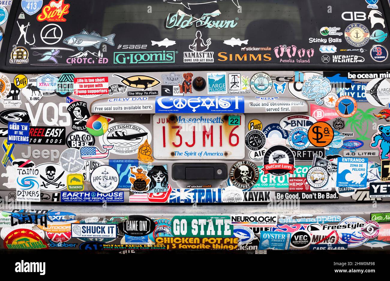 Massachusetts car with bumper stickers on display. Stock Photo