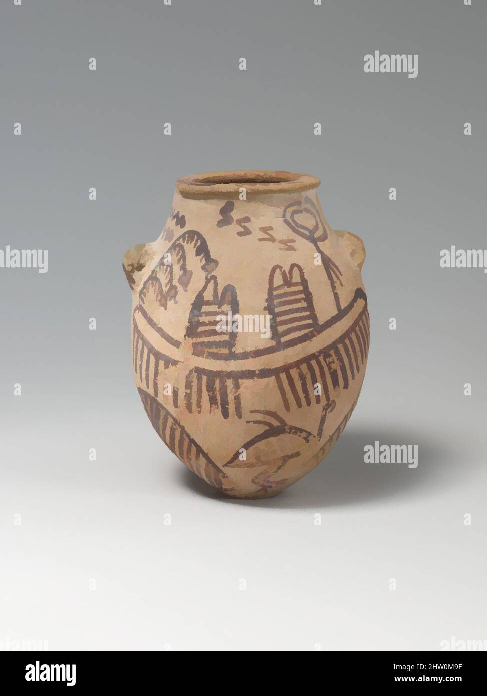 Art inspired by Jar Decorated with Boats, Naqada IIc–d1, ca. 3450–3350 B.C., From Egypt, Pottery, paint (Decorated Ware), H. 12.4 cm (4 7/8 in.); Diam. 4.2 cm (1 5/8 in, Classic works modernized by Artotop with a splash of modernity. Shapes, color and value, eye-catching visual impact on art. Emotions through freedom of artworks in a contemporary way. A timeless message pursuing a wildly creative new direction. Artists turning to the digital medium and creating the Artotop NFT Stock Photo