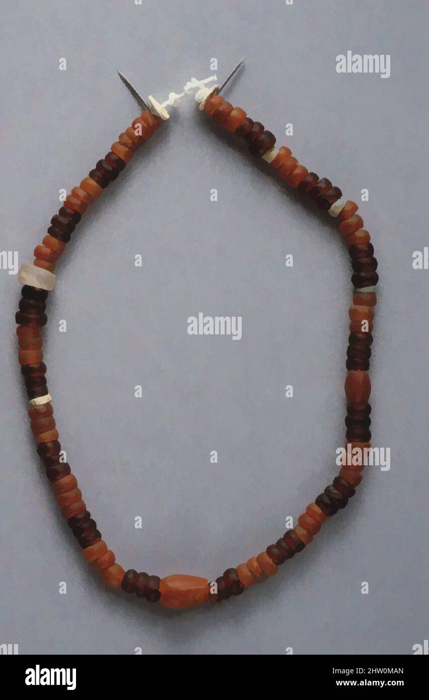 Art inspired by String of beads, Predynastic, Naqada III, ca. 3300–3100 B.C., From Egypt, Northern Upper Egypt, Abadiya, Cemetery H, Tomb H129, EEF excavations 1898–99, Carnelian, garnet, quartz, glazed steatite, L. 20.5 cm (8 1/16 in, Classic works modernized by Artotop with a splash of modernity. Shapes, color and value, eye-catching visual impact on art. Emotions through freedom of artworks in a contemporary way. A timeless message pursuing a wildly creative new direction. Artists turning to the digital medium and creating the Artotop NFT Stock Photo