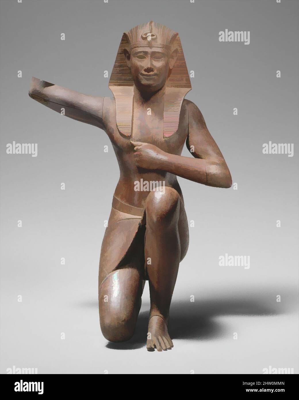 Art inspired by Ritual Figure, Late Period or Early Ptolemaic Period, Dynasty 30 or later, 380–246 B.C., From Egypt, Wood, formerly clad with lead sheet, H. 21 cm (8 1/4 in.); W. 14.3 cm (5 5/8 in.); D. 11 cm (4 5/16 in.), The fluid pose and chest-beating gesture of this extraordinary, Classic works modernized by Artotop with a splash of modernity. Shapes, color and value, eye-catching visual impact on art. Emotions through freedom of artworks in a contemporary way. A timeless message pursuing a wildly creative new direction. Artists turning to the digital medium and creating the Artotop NFT Stock Photo